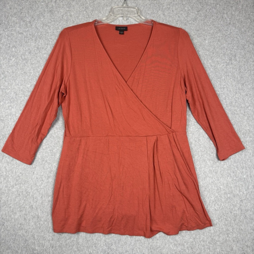 J Jill Wearever Collection Faux Wrap Blouse Shirt Top 3/4 Sleeve M VNeck Stretch
